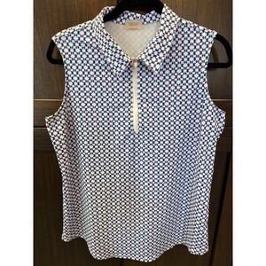 Jofit Tank Top Women's Sz L Ivory Blue Geometric 1/4‎ Zip Sleeveless Tennis Golf